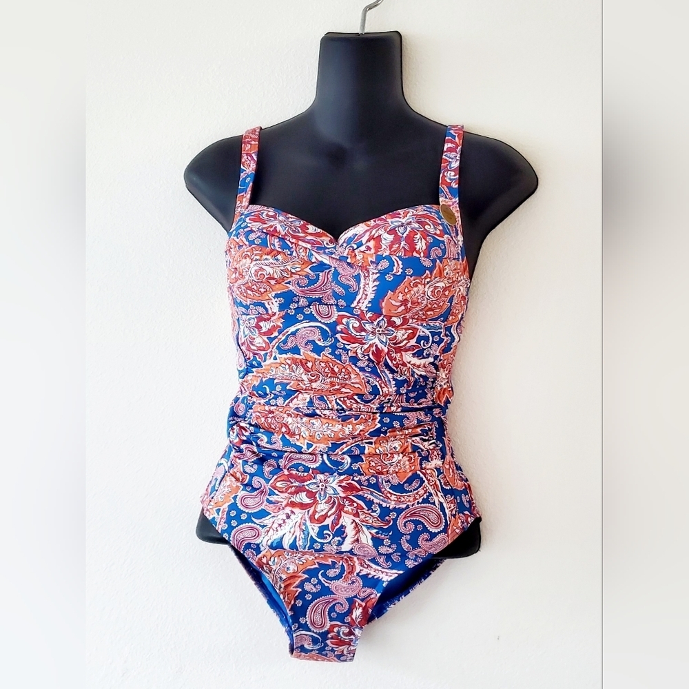 Nip Tuck Blue Painterly Paisley Joanne Twist Front Tummy Control Swimsuit Size 4 - Picture 4 of 10